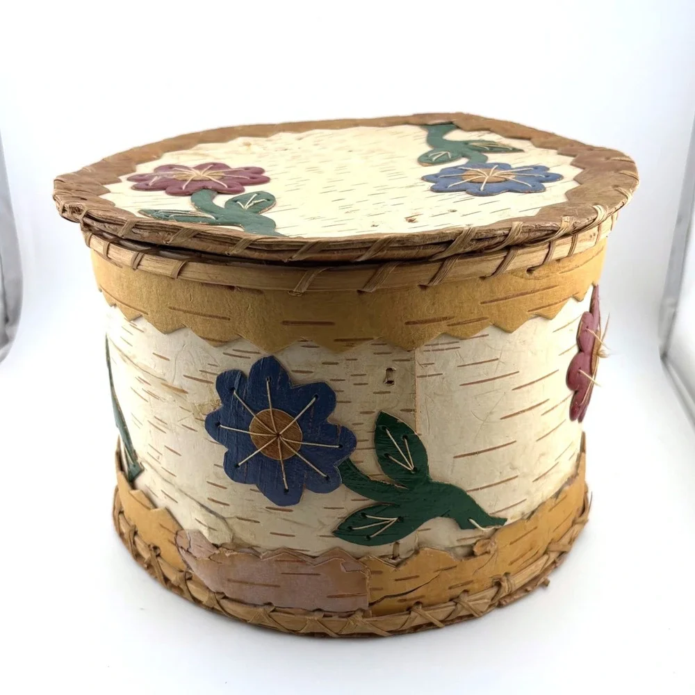 Vintage Handcrafted Birch Bark Floral Applique Storage Box with Lid Rustic Folk